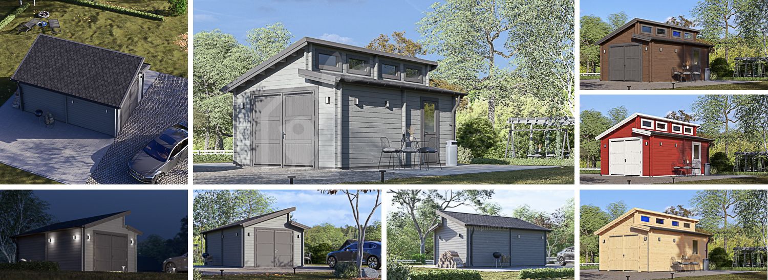 Houten garage TWIN (44 mm), 4x6 m, 24 m² visualisatie 1