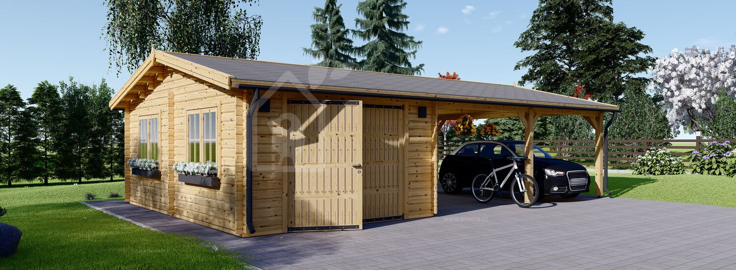 Houten garage MULTI (44 mm), 4x6 m met dubbele carport 5,5x6 m visualisatie 1
