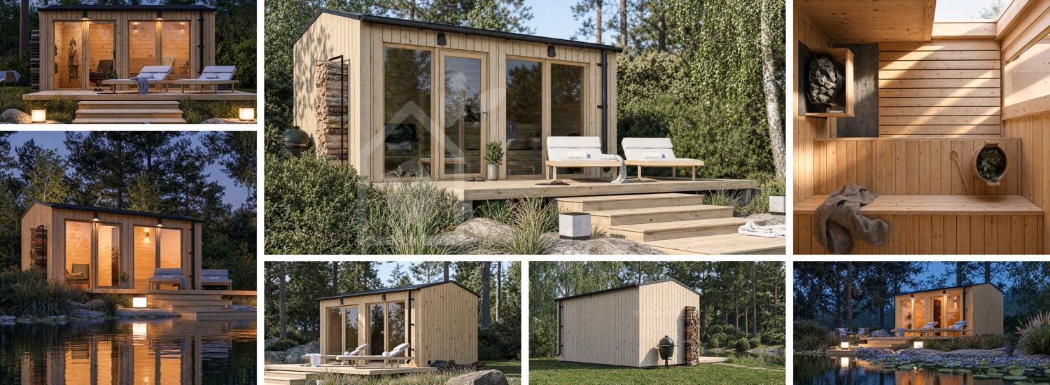 Houten sauna SERENE 2 met omkleedruimte (natuurlijk grenen) – 4,5×2,5 m, 9,35 m² visualisatie 1
