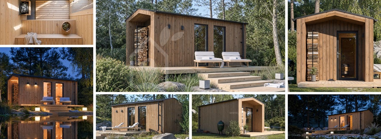 Houten sauna SERENE 3 met omkleedruimte & veranda (Thermowood) – 5,3×2,5 m, 10,65 m² visualisatie 1
