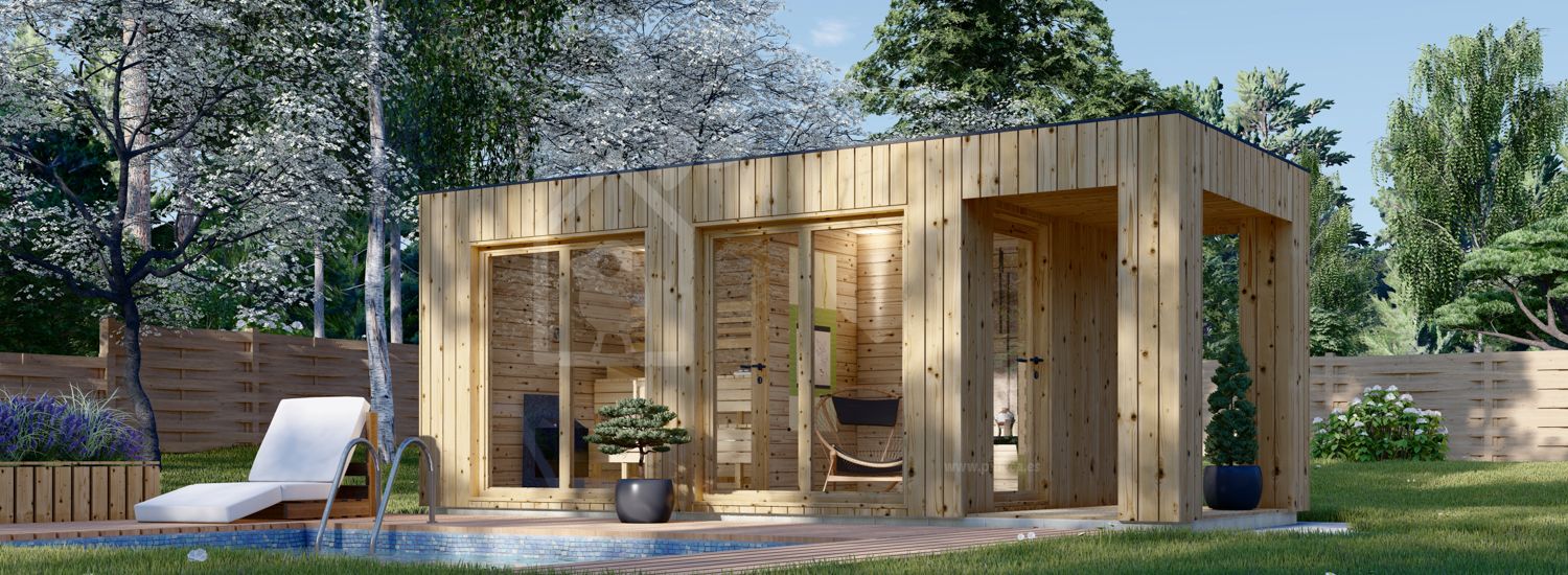 Buitensauna met kleedkamer DELLA (34 mm + gevelbekleding), 4,6 x 2,6 m, 9,3 m², terras 3,6 m² visualisatie 1