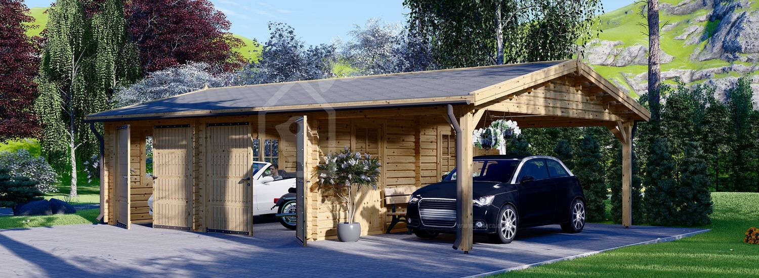 Dubbele houten garage MULTI (44 mm), 6x6 m met carport 3x6 m visualisatie 1
