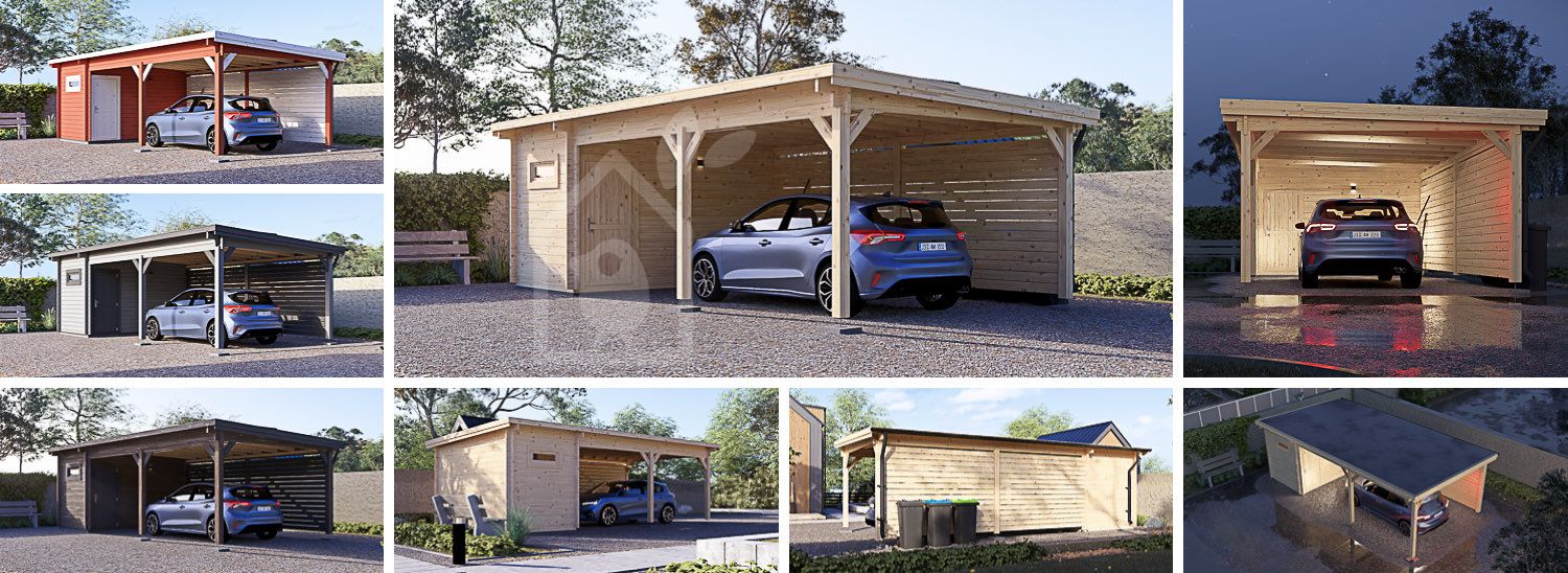 Houten carport MODERN met berging, 8x4 m visualisatie 1