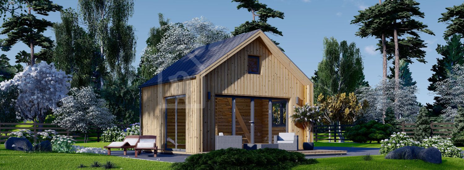 Prefab houten tuinhuis SARA (Geïsoleerd PLUS, 34 mm + gevelbekleding), 20 m² met 15 m² zolder visualisatie 1