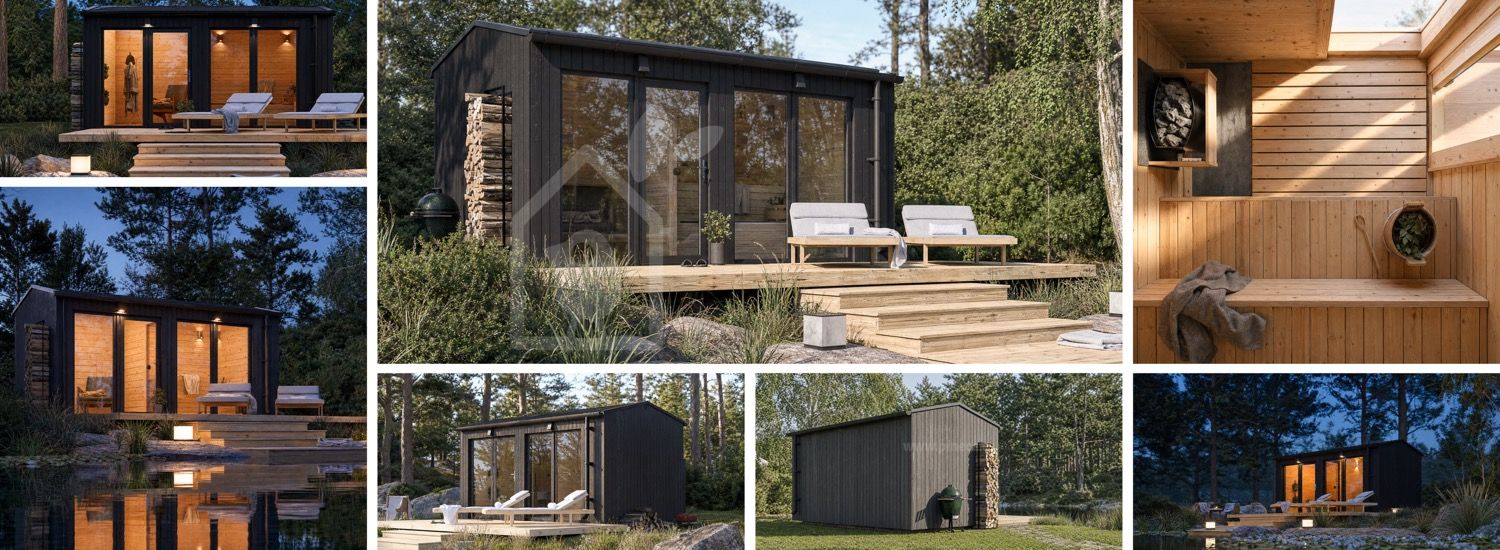 Houten sauna SERENE 2 met omkleedruimte (verbrand hout) – 4,5×2,5 m, 9,35 m² visualisatie 1