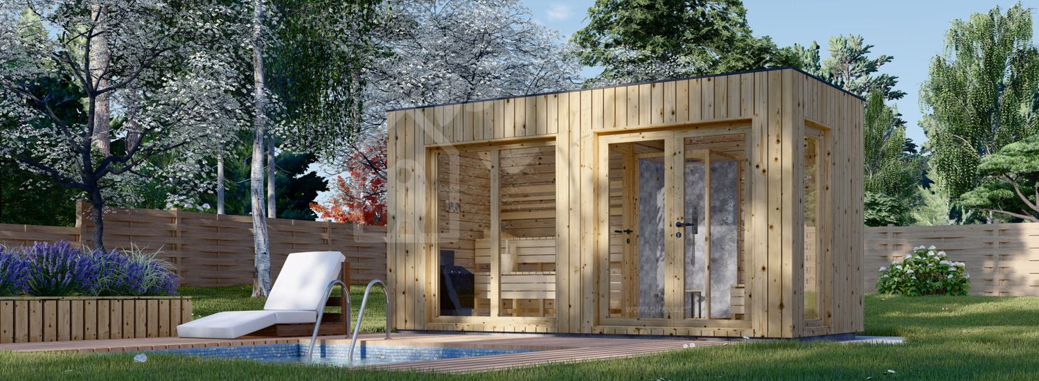 Buitensauna met kleedkamer DELLA (34 mm + gevelbekleding), 4,6 x 2,1 m, 7,2 m² visualisatie 1