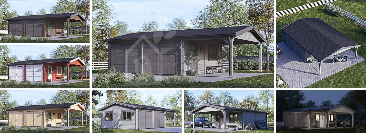 Dubbele houten garage MULTI (44 mm), 6x6 m met carport 3x6 m visualisatie 1