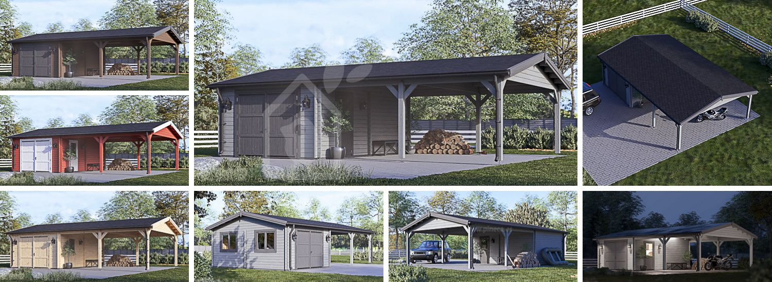 Houten garage MULTI (44 mm), 4x6 m met dubbele carport 5,5x6 m visualisatie 1
