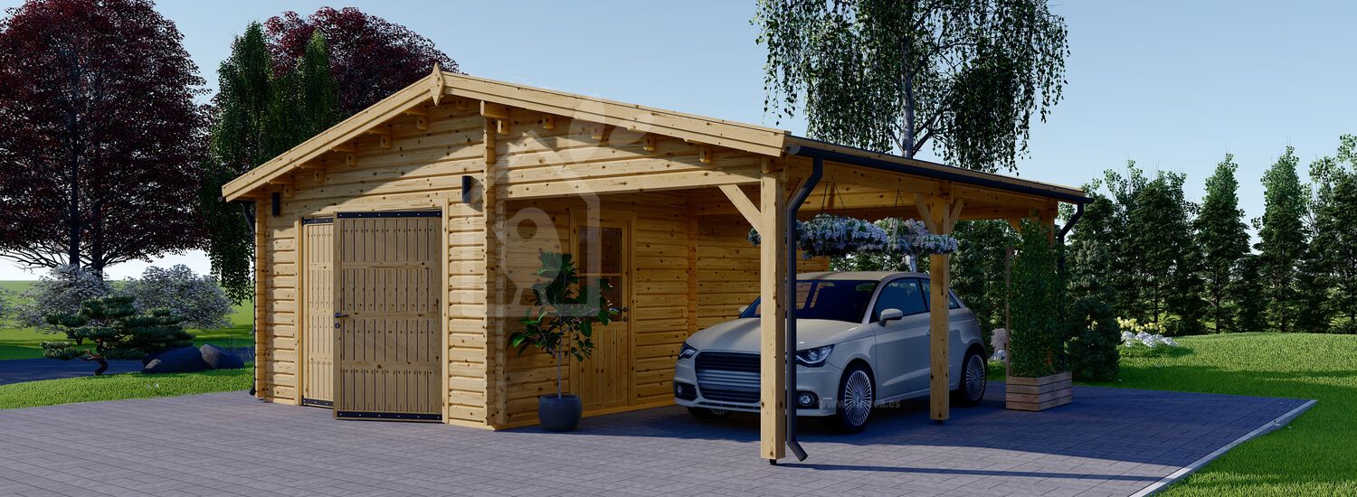 Houten garage MULTI (44 mm), 4x6 m met carport 3x6 m visualisatie 1