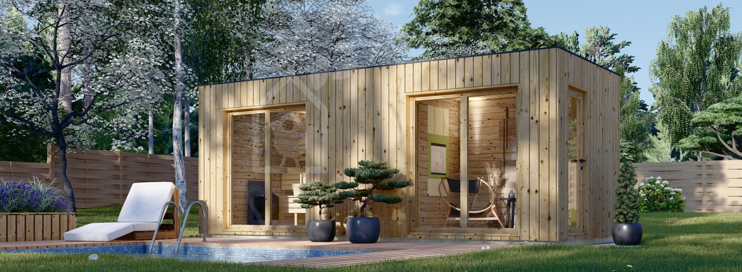 Buitensauna met kleedkamer DELLA (34 mm + gevelbekleding), 6,1 x 2,6 m, 12,5 m² visualisatie 1