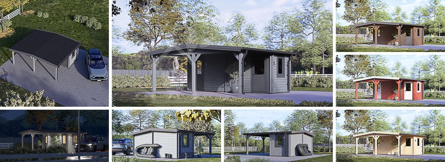 Houten carport 3x6 m met berging 2x6 m visualisatie 1