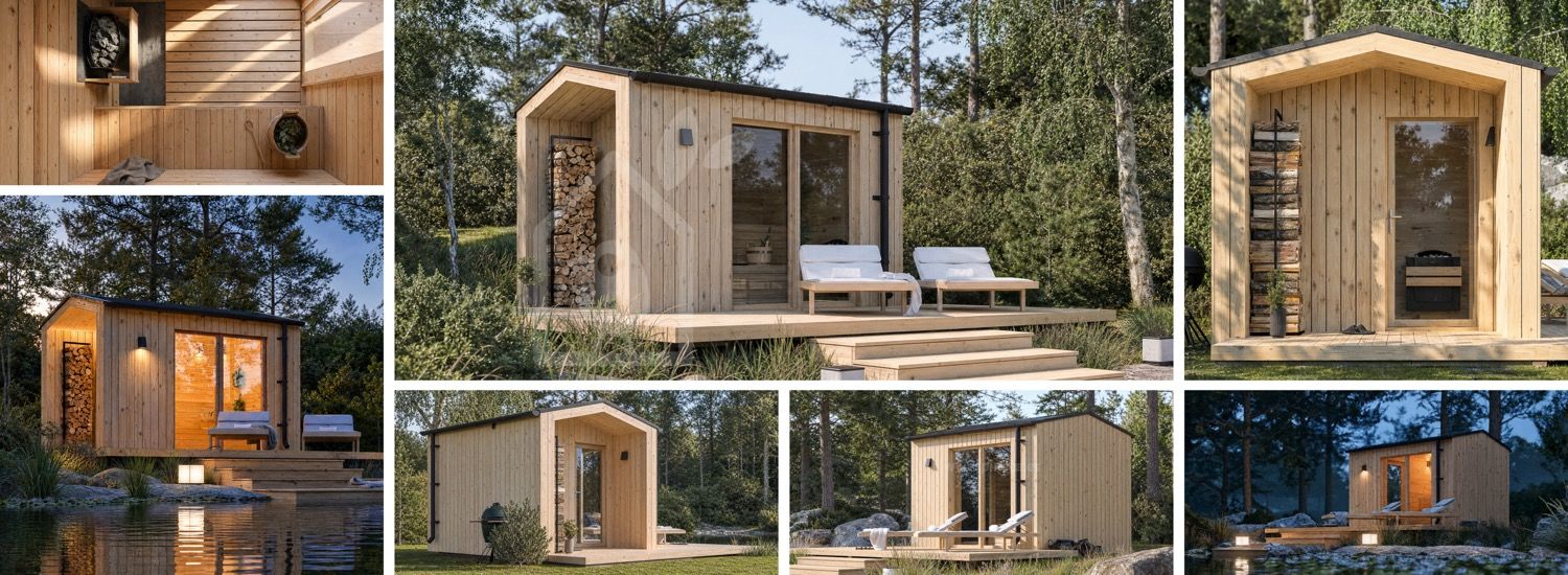 Houten sauna SERENE 1 met veranda (natuurlijk grenen) – 3,3×2,5 m, 6,25 m² visualisatie 1