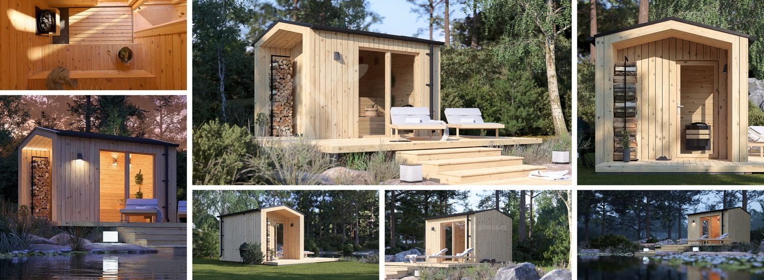 Buitensauna SERENE (34 mm + gevelbekleding), 3.3x2.5 m, 4.95 m² visualisatie 1