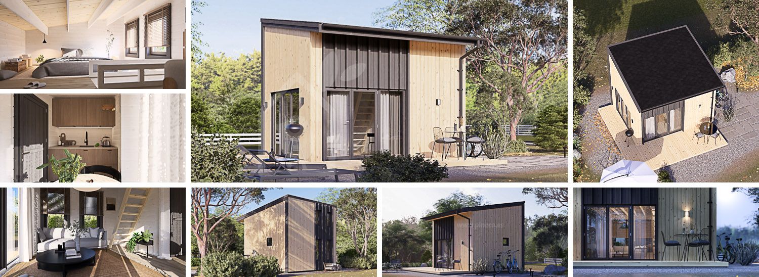 Prefab houten tuinhuis SOPHIA (34 mm + gevelbekleding), 20 m² met 15 m² zolder visualisatie 1